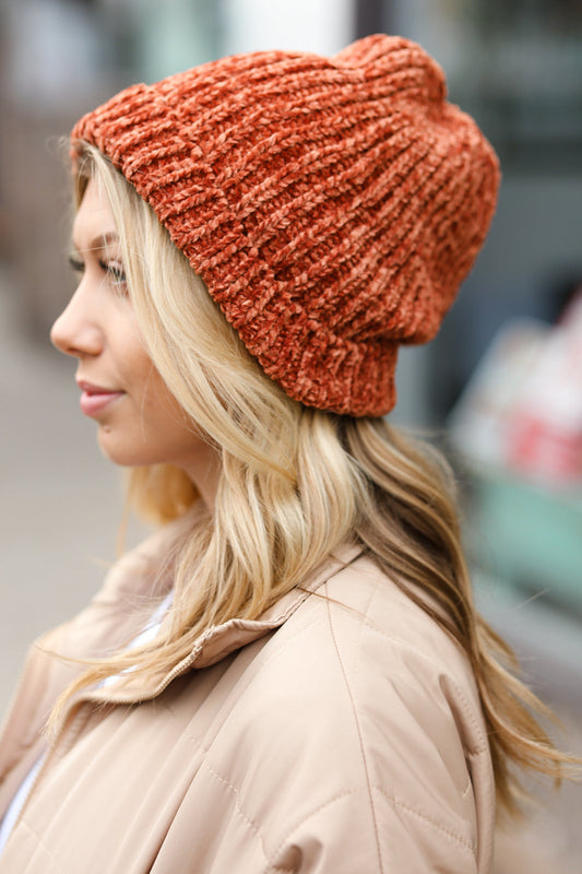 Rust Knit Velvet Chenille Fold Over Cap