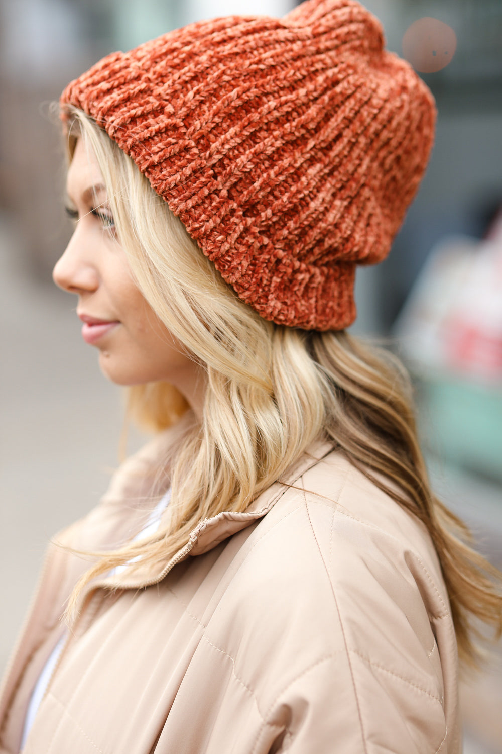 Rust Knit Velvet Chenille Fold Over Cap