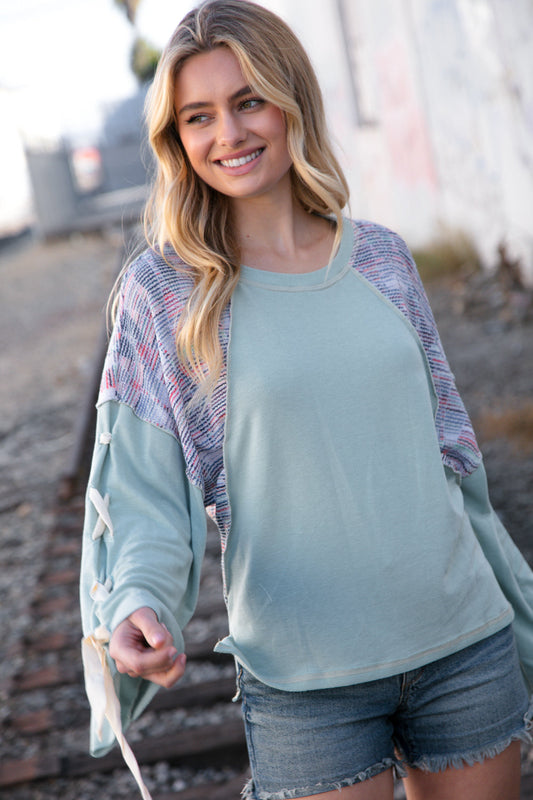 Mint Lace Up Long Sleeve French Terry Oversized Pullover