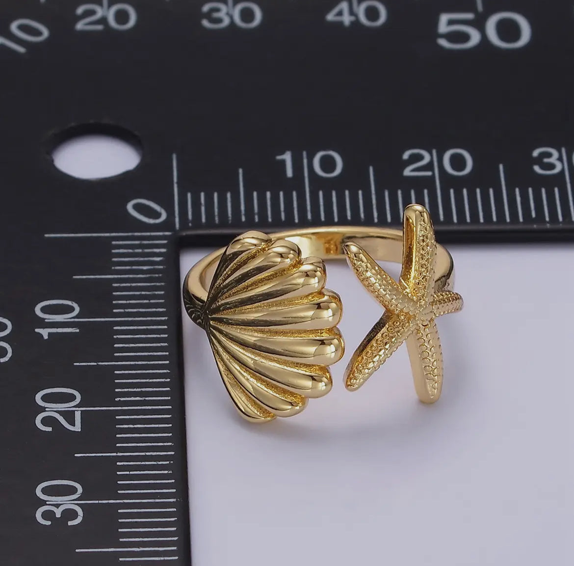 24K Gold Adjustable Seashell Starfish Ring
