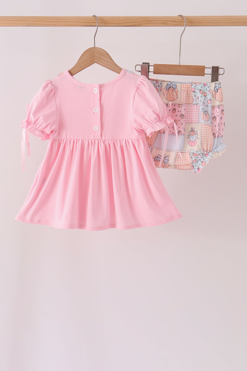 Pink pumpkin embroidery ruffle bloomer set