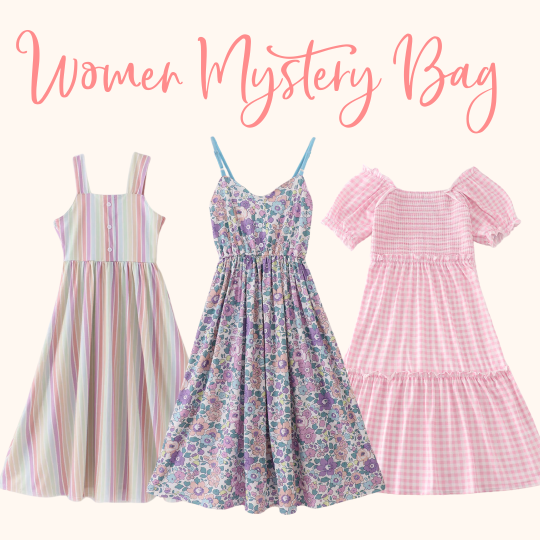 Three dresses with different patterns on a white background, labeled 'Women Mystery Bag'.