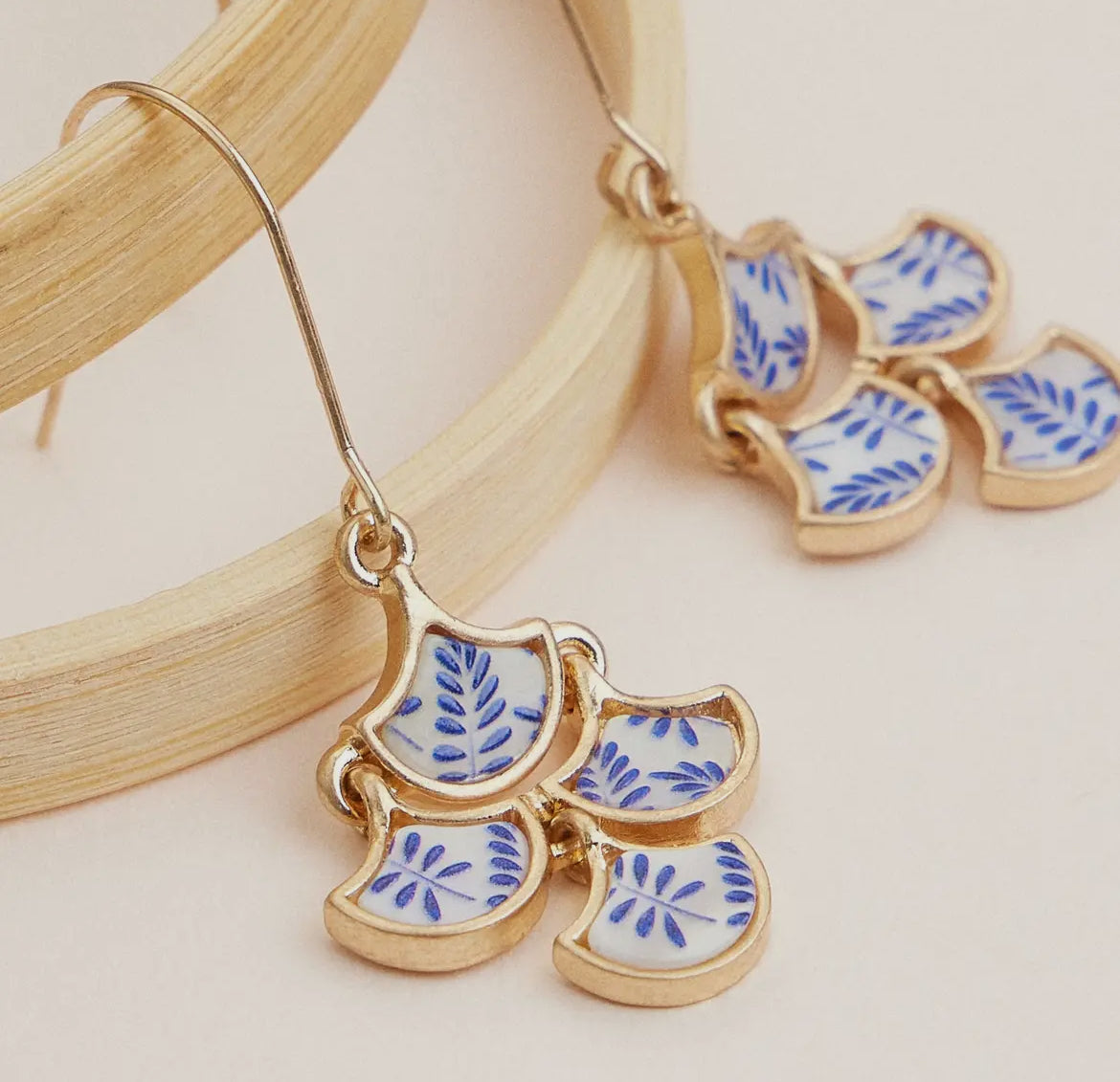 Gold and Blue Chic Floral Dangle Earrings