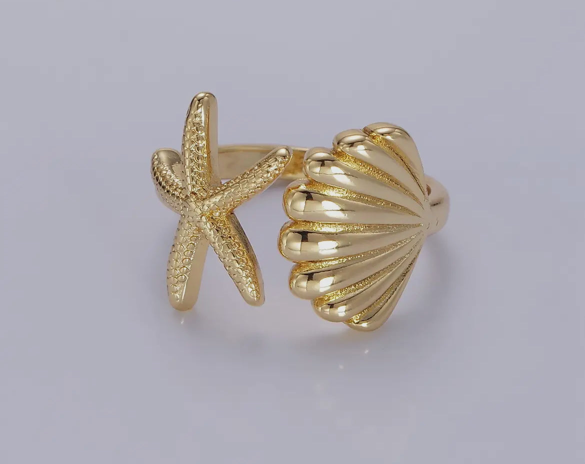 24K Gold Adjustable Seashell Starfish Ring