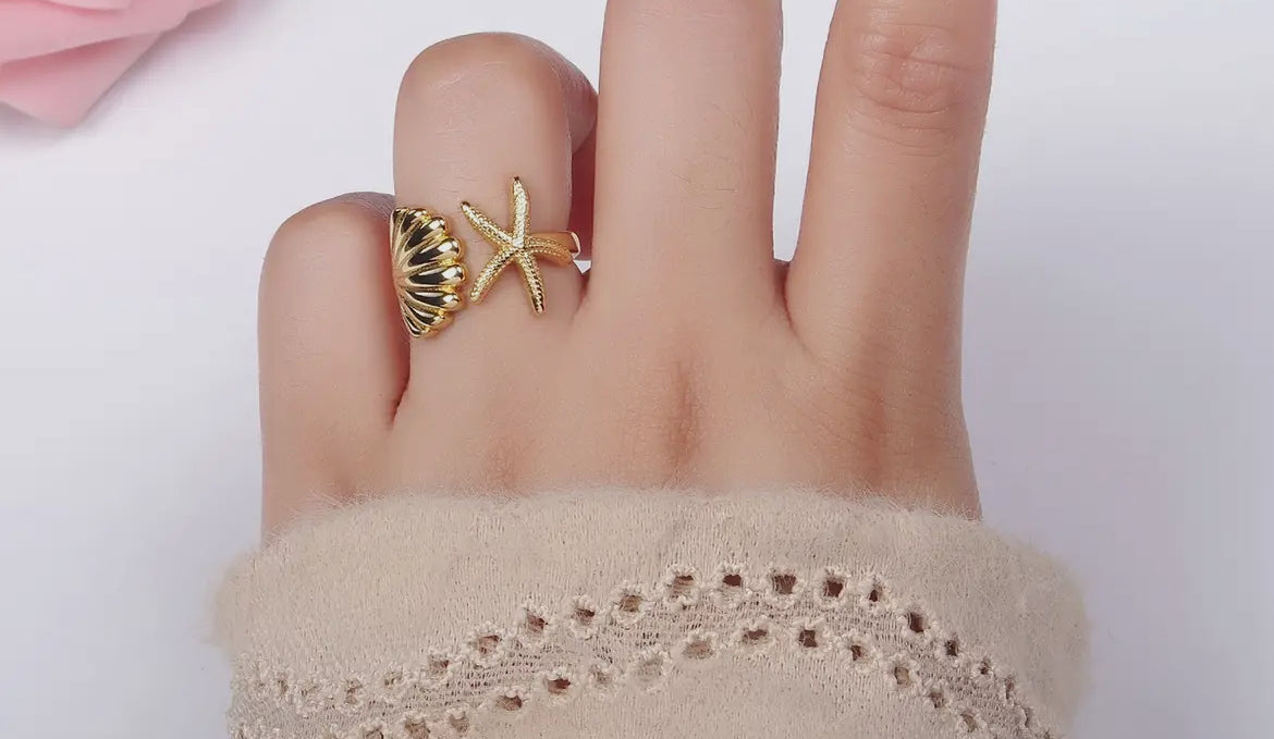 24K Gold Adjustable Seashell Starfish Ring