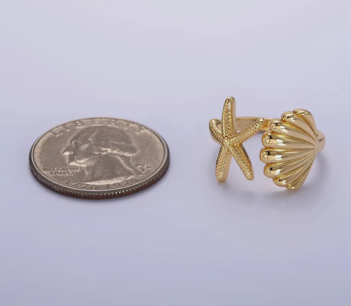 24K Gold Adjustable Seashell Starfish Ring