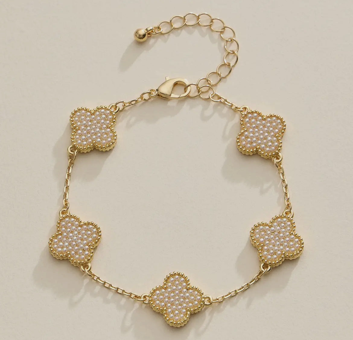 Gold Clover Bracelet w/ Pearl Beads
