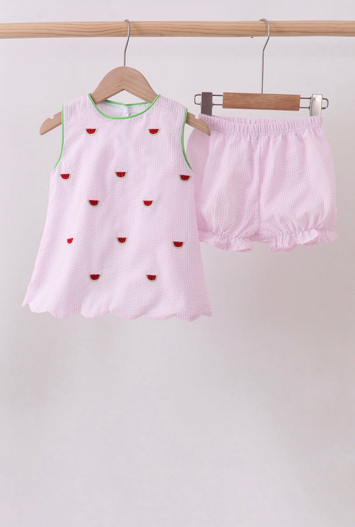 Pink stripe watermelon embroidery seersucker set