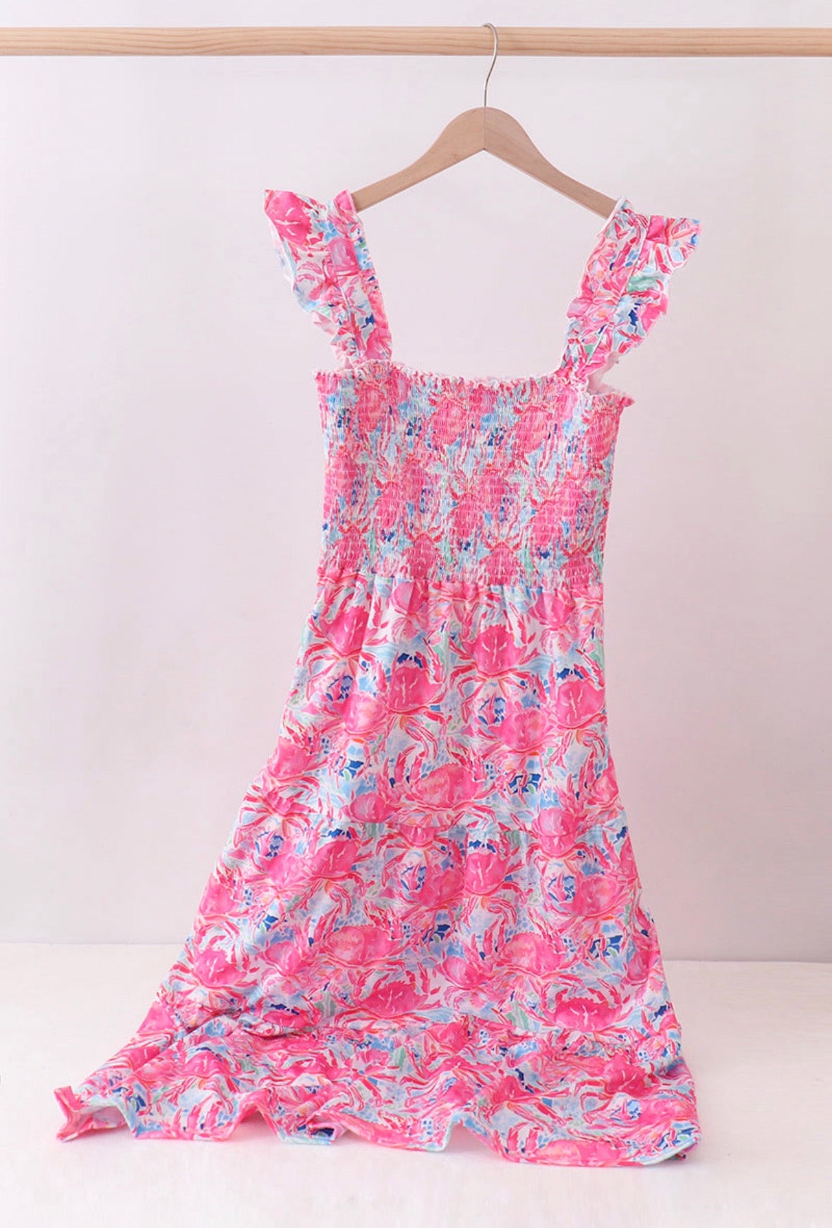 Pink crab smocked ruffle dress