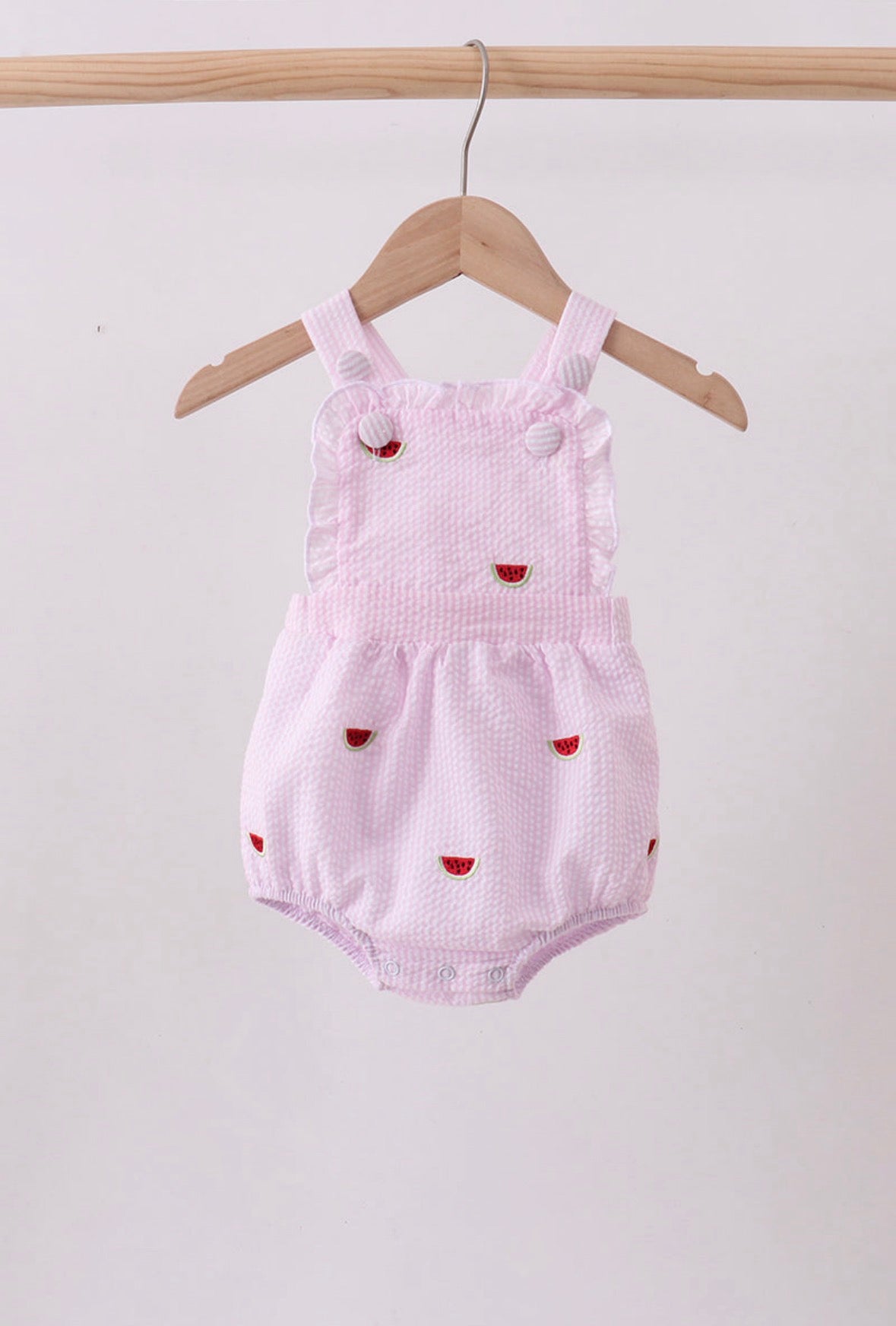 Pink stripe watermelon embroidery seersucker bubble
