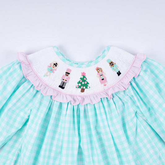 Mint christmas nutcracker hand smocked gingham ruffle pants set