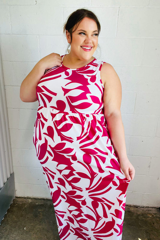 Magenta & White Floral Fit and Flare Sleeveless Maxi Dress
