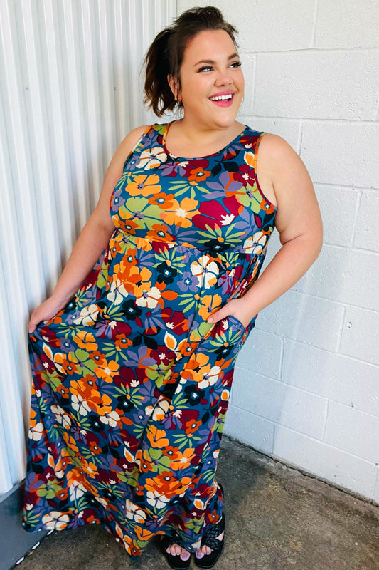 Teal & Maroon Flat Floral Fit and Flare Sleeveless Maxi Dress