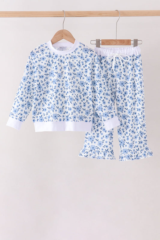 Blue ditsy floral print pants set