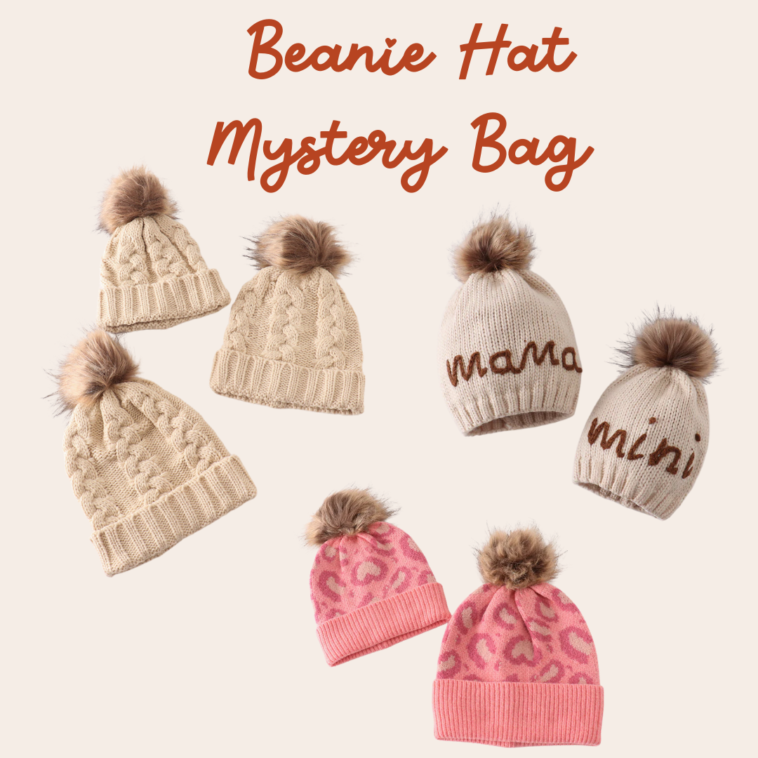 Collection of beanies with pom-poms and text 'mama' and 'mini' on a beige background.
