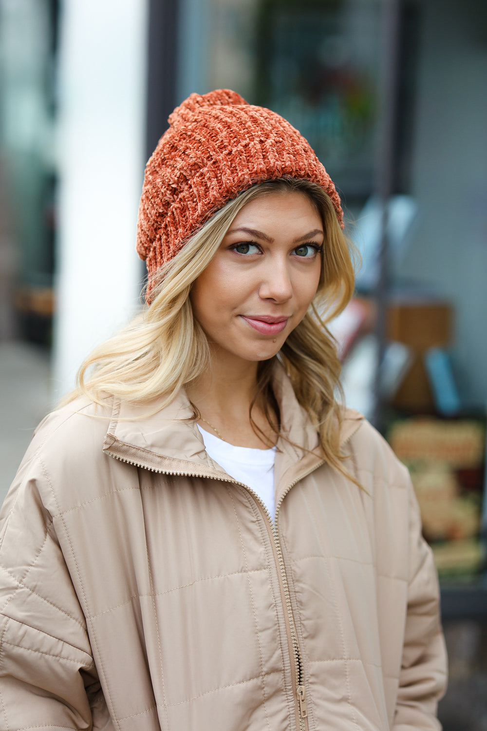 Rust Knit Velvet Chenille Fold Over Cap