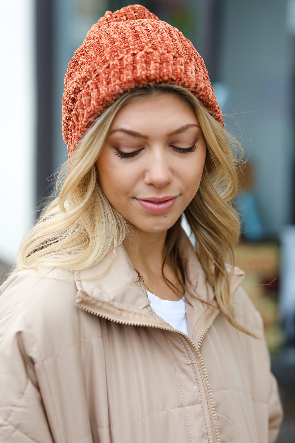 Rust Knit Velvet Chenille Fold Over Cap