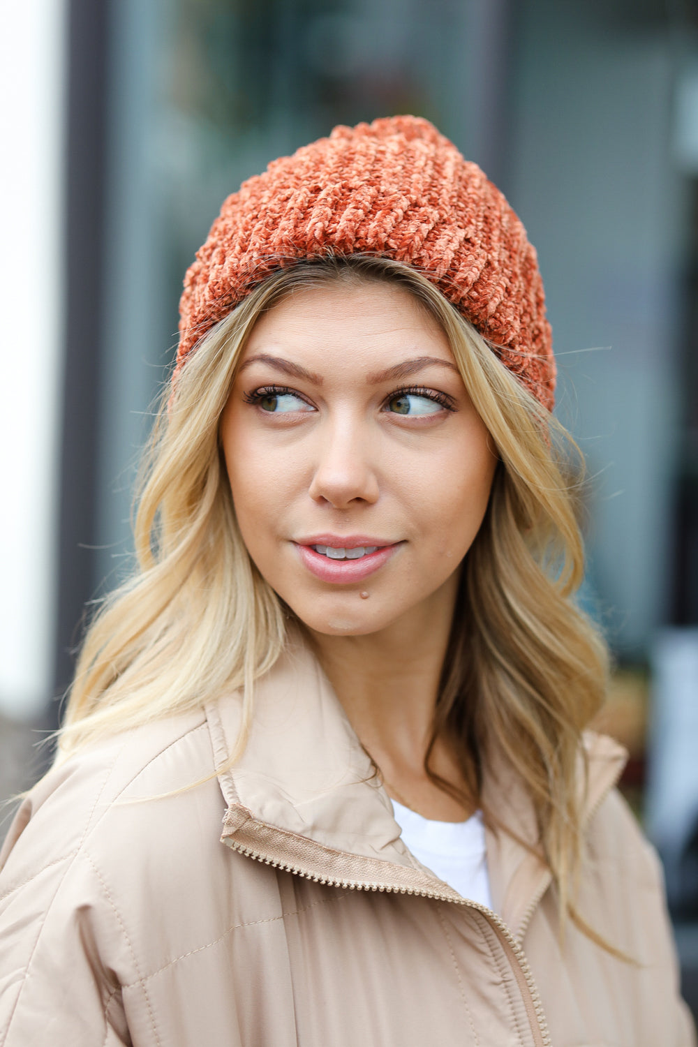 Rust Knit Velvet Chenille Fold Over Cap
