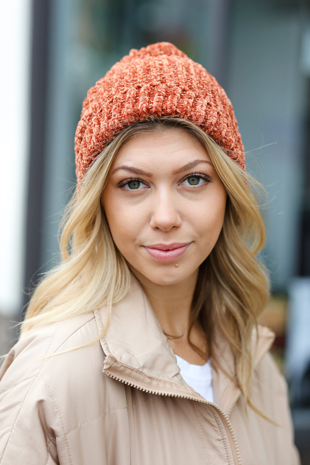 Rust Knit Velvet Chenille Fold Over Cap