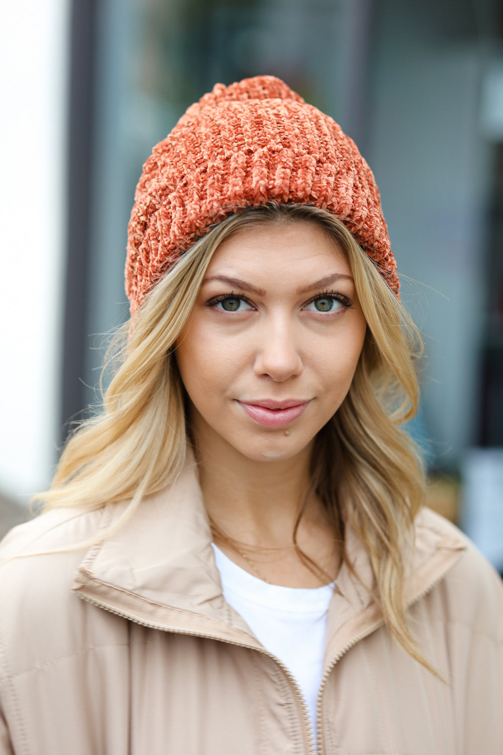 Rust Knit Velvet Chenille Fold Over Cap