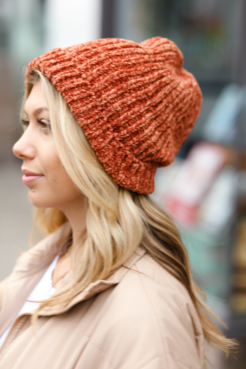 Rust Knit Velvet Chenille Fold Over Cap