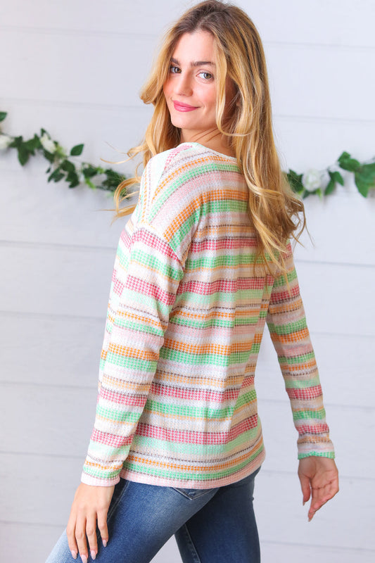 Green & Tangerine Textured Vintage Stripe Top