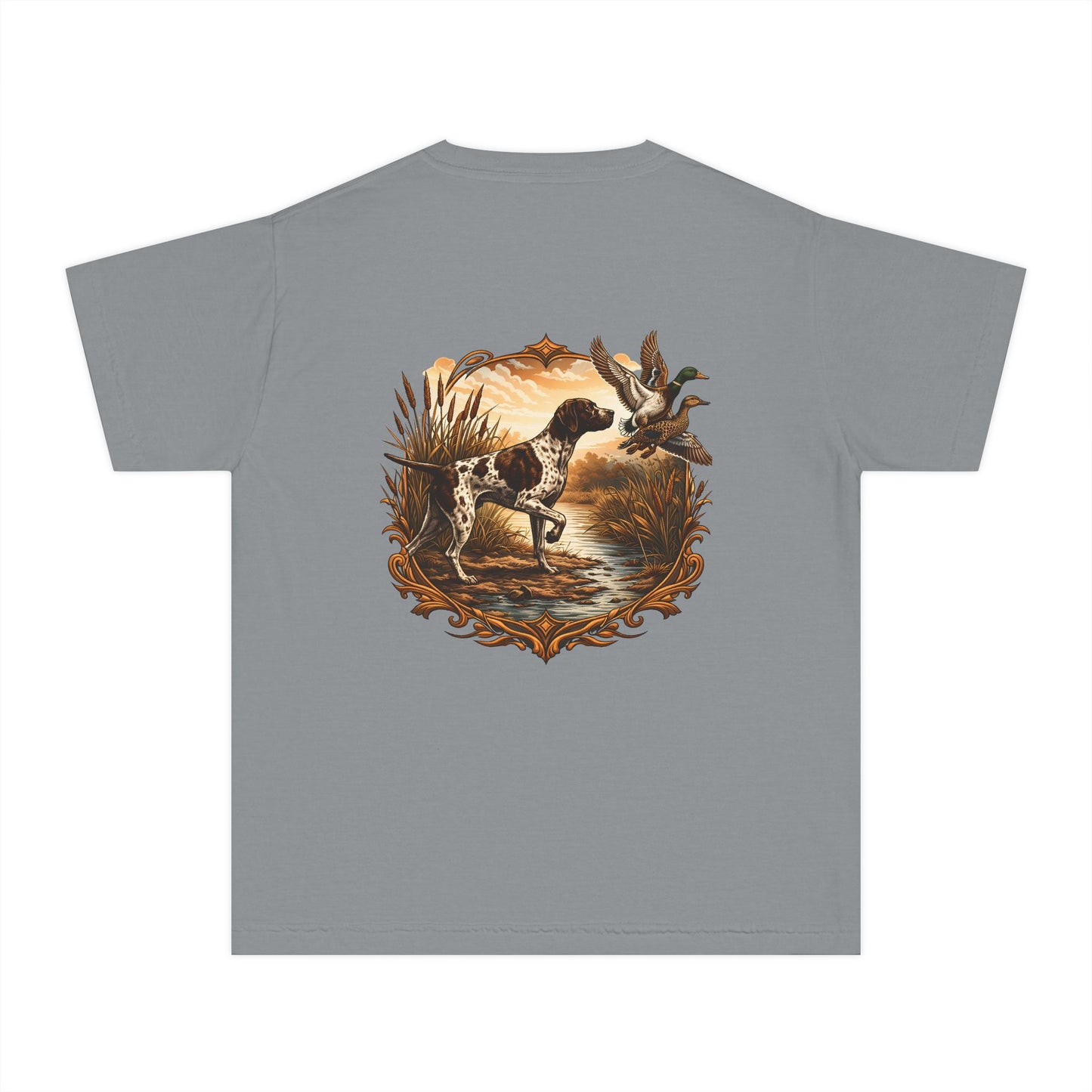 Youth Comfort Colors Vintage Duck Hunting Scene with Pointing Spaniel