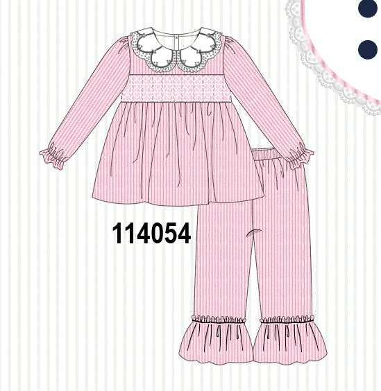 Pink corduroy lace smocked ruffle pants set