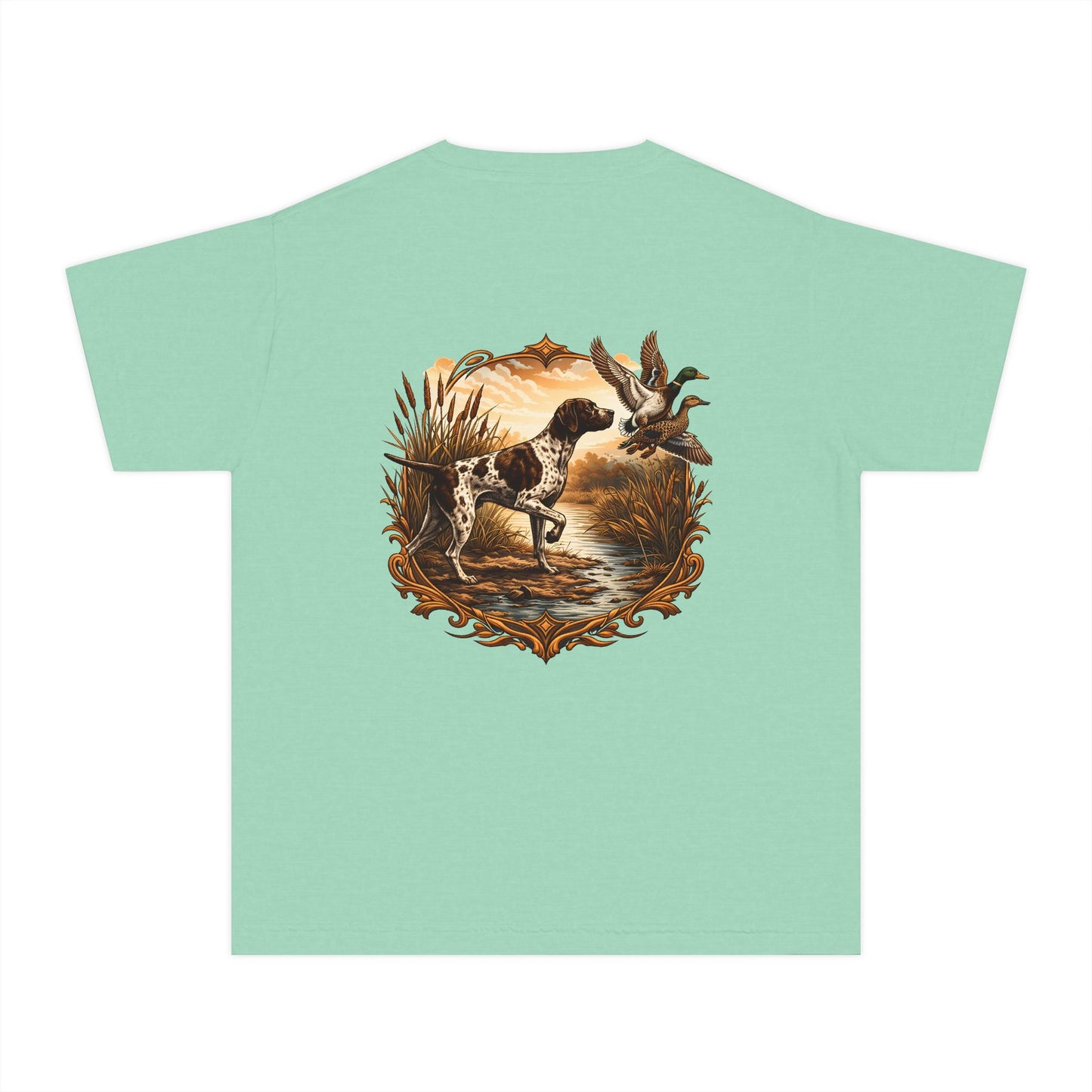 Youth Comfort Colors Vintage Duck Hunting Scene with Pointing Spaniel