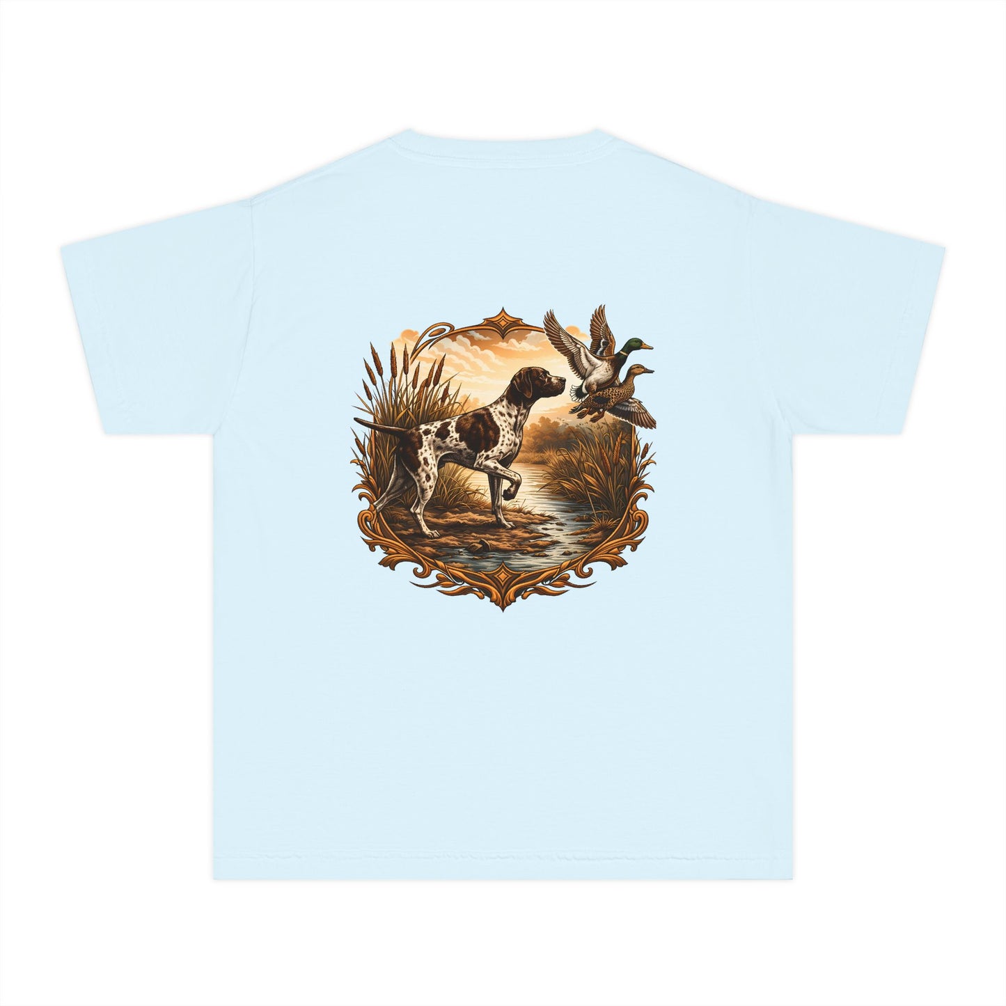 Youth Comfort Colors Vintage Duck Hunting Scene with Pointing Spaniel
