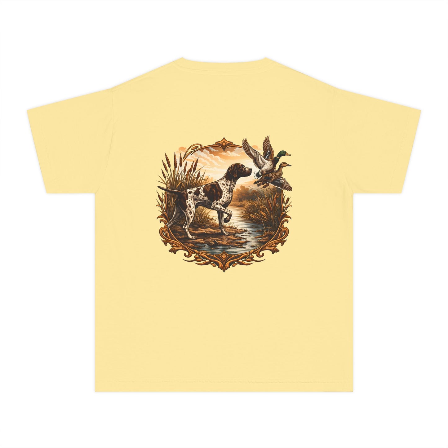 Youth Comfort Colors Vintage Duck Hunting Scene with Pointing Spaniel
