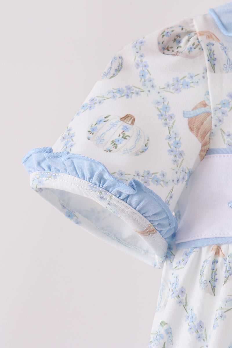 Blue pumpkin embroidery ruffle bubble