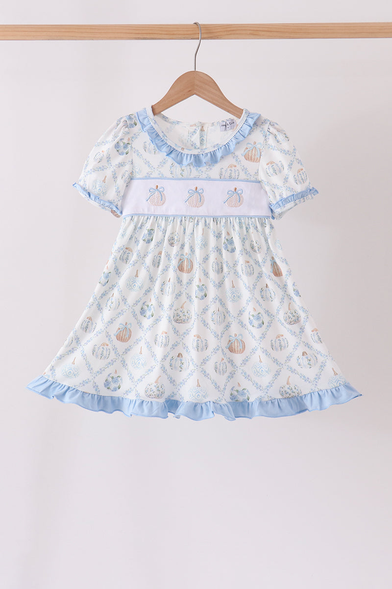 Blue pumpkin embroidery ruffle dress