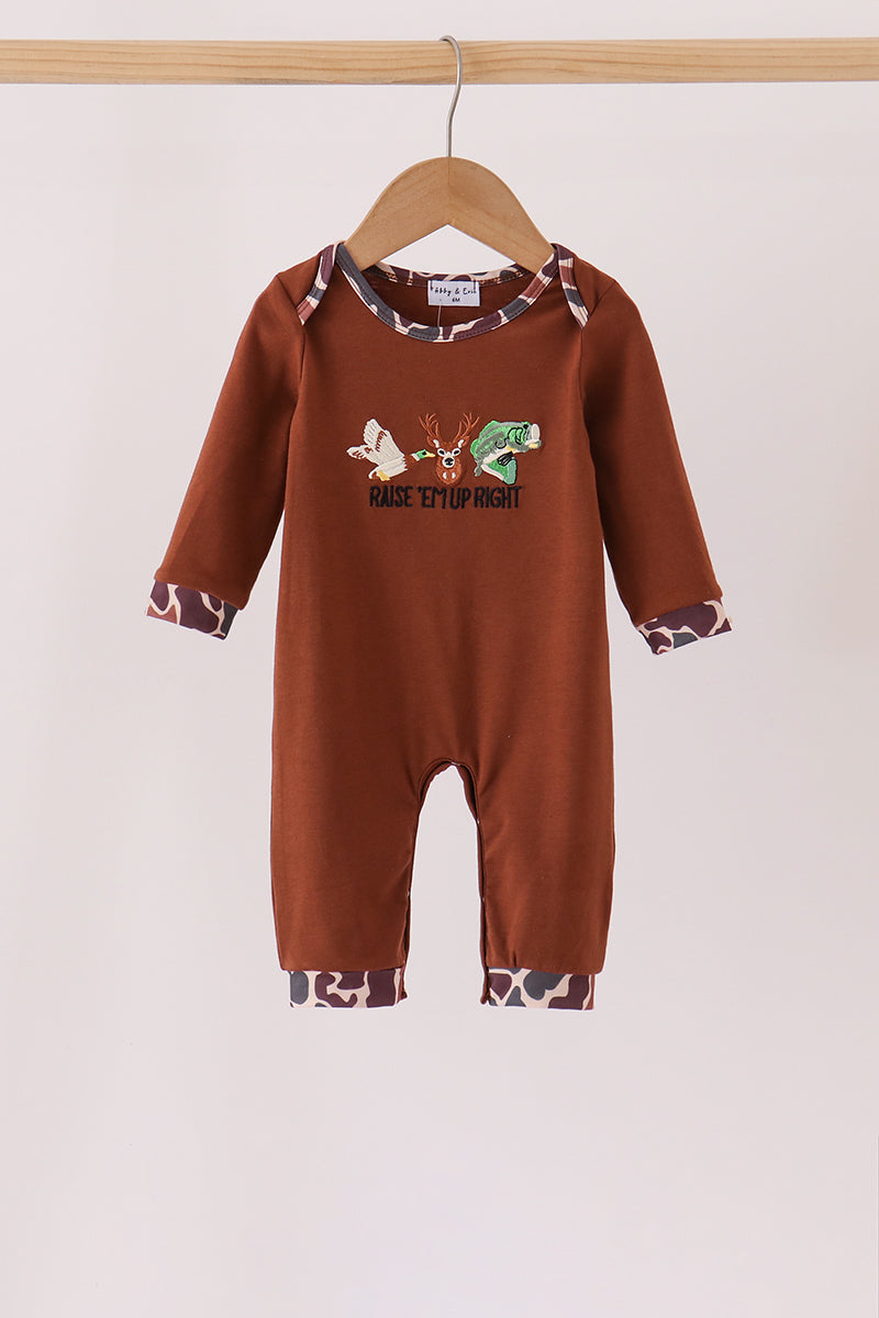 Brown camouflage hunting embroidery romper