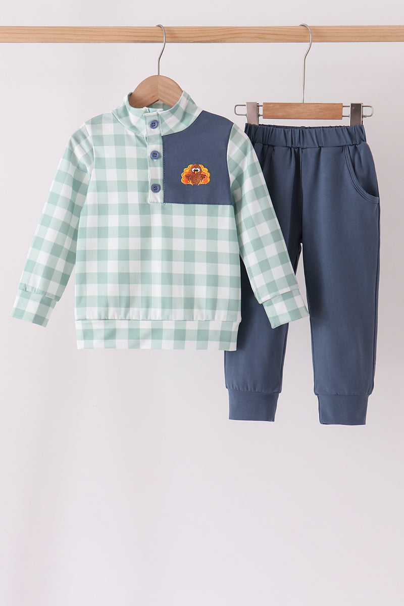 Sage Turkey Embroidery Gingham Jogger Set