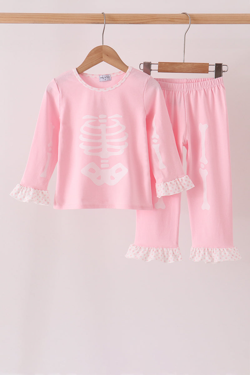 Pink skeleton print ruffle pants set