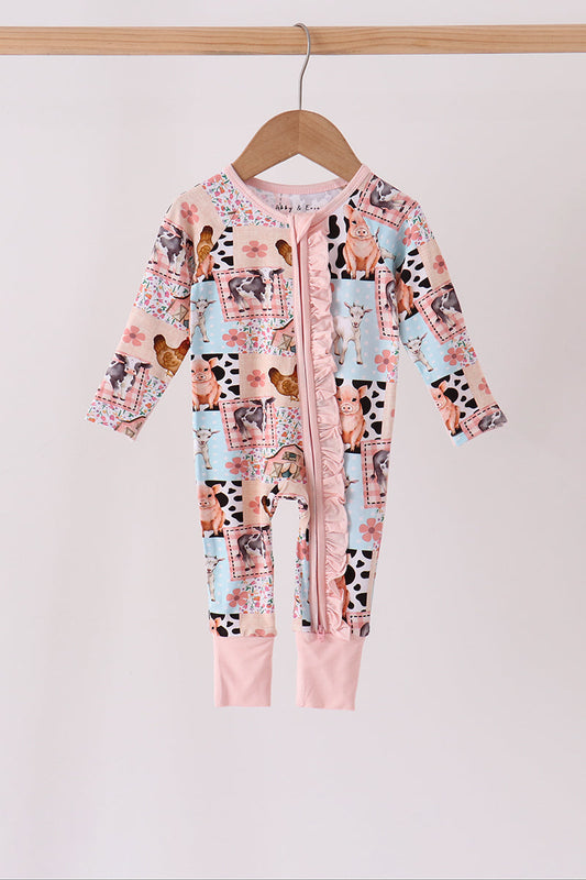 Pink Farm Animals Zip Bamboo Romper