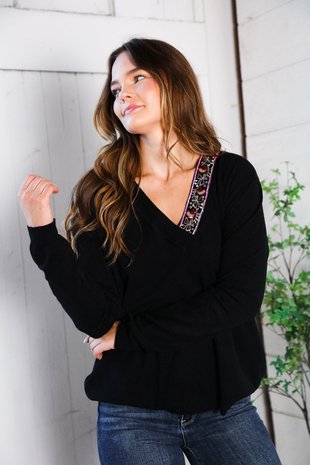 Twilight Charms Beaded V Neck Sweater