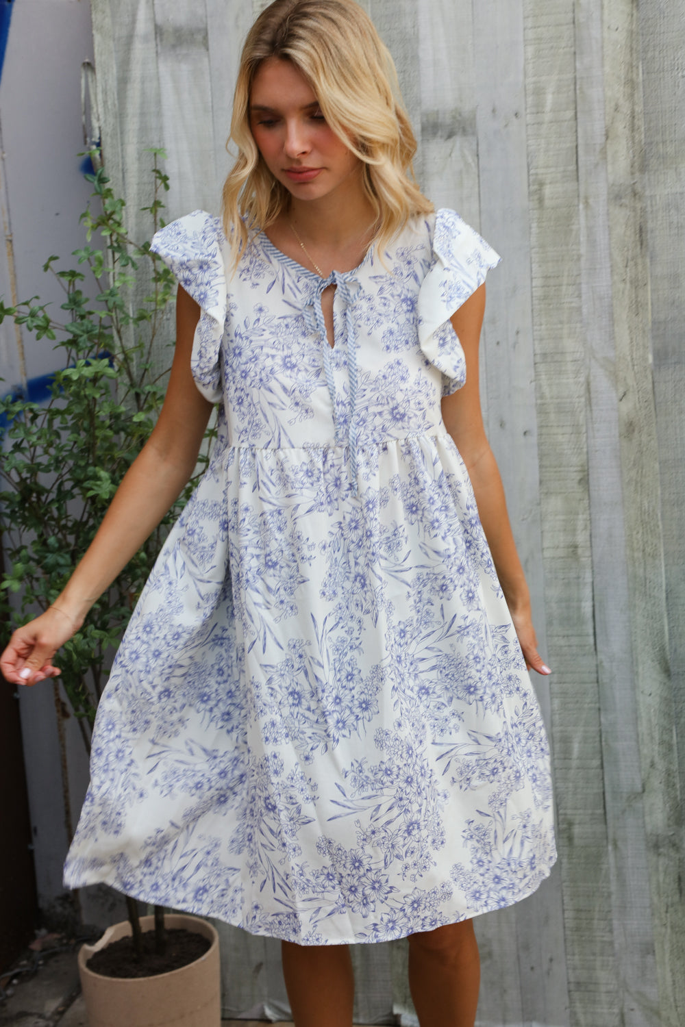 Vintage Vibes Dusty Blue Folded Ruffle Short Sleeve Babydoll Dress