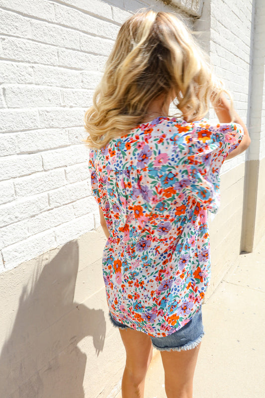 Beautiful You Ivory Floral Print Notch Neck Puff Short Sleeve Top