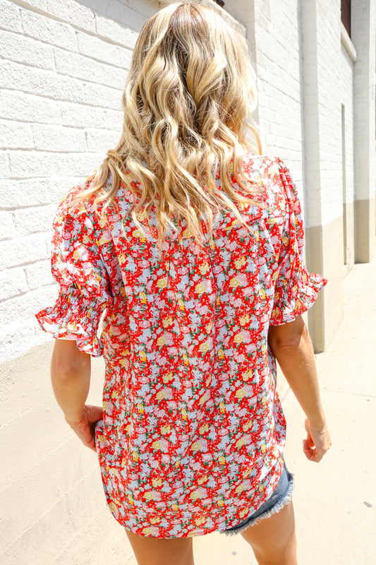 Elegant You Ruby Notched Neck Floral Smocked Sleeve Blouse