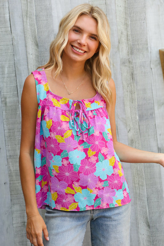 Summer Vibes Fuchsia Square Neck Floral Bow Tie Top