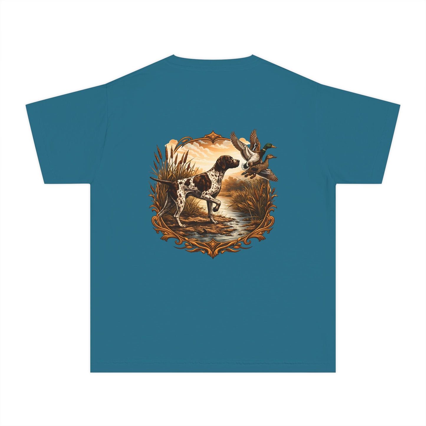 Youth Comfort Colors Vintage Duck Hunting Scene with Pointing Spaniel