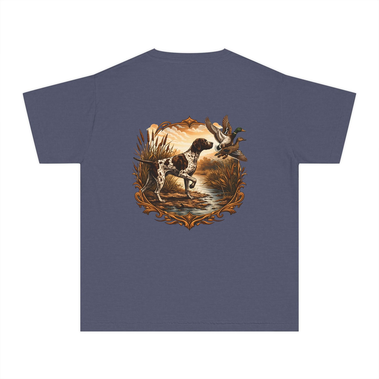 Youth Comfort Colors Vintage Duck Hunting Scene with Pointing Spaniel