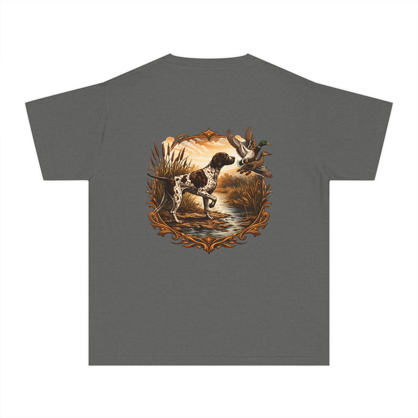 Youth Comfort Colors Vintage Duck Hunting Scene with Pointing Spaniel