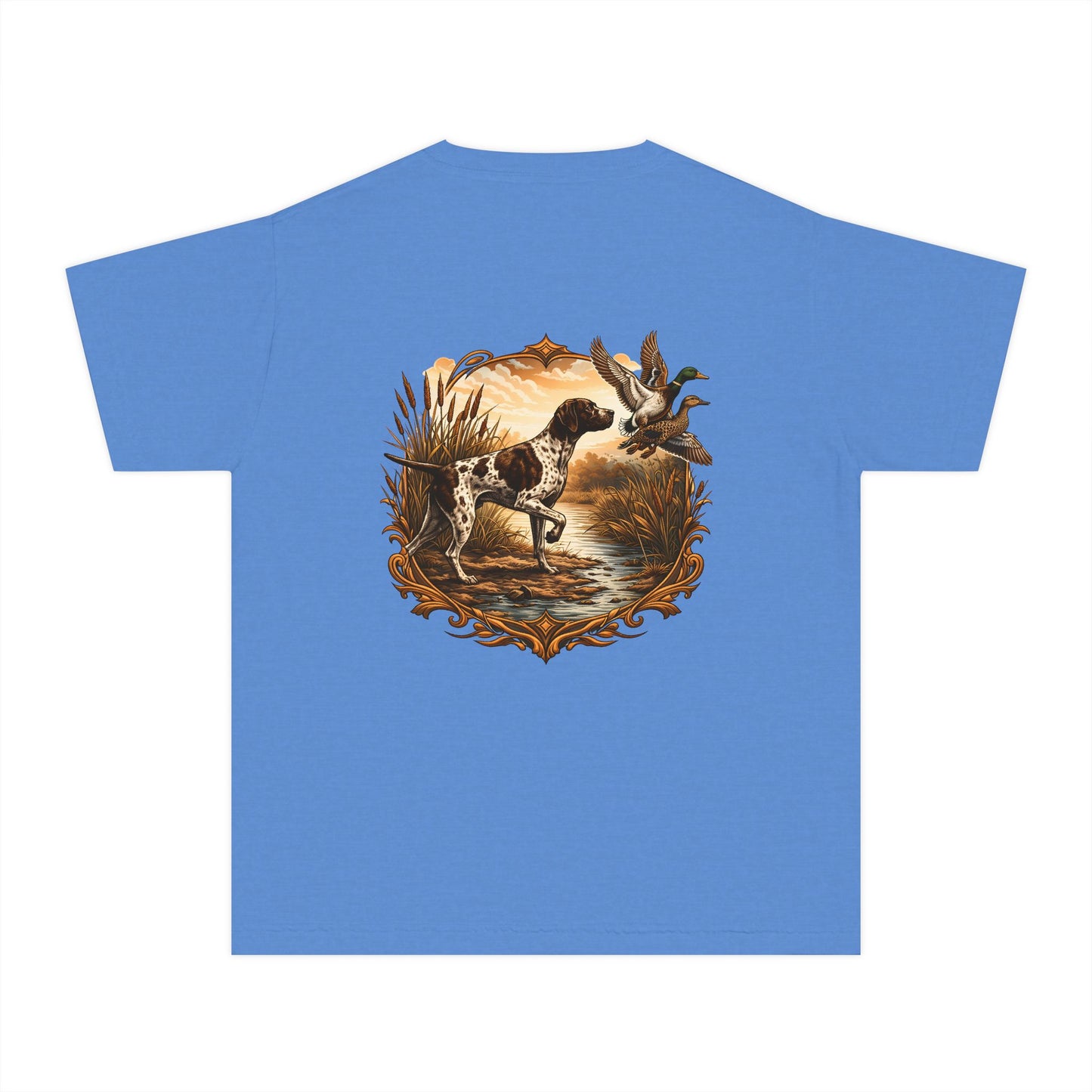 Youth Comfort Colors Vintage Duck Hunting Scene with Pointing Spaniel