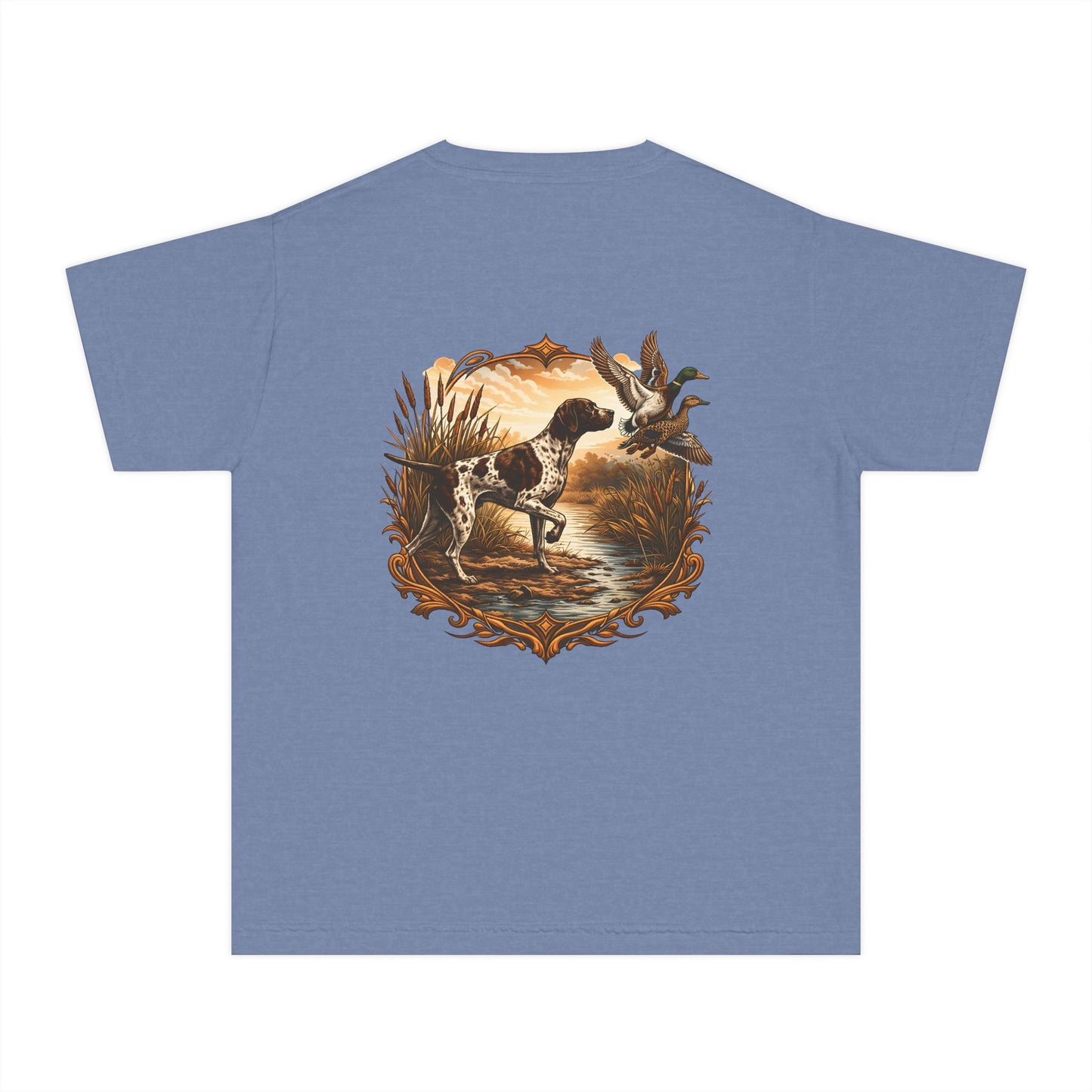 Youth Comfort Colors Vintage Duck Hunting Scene with Pointing Spaniel