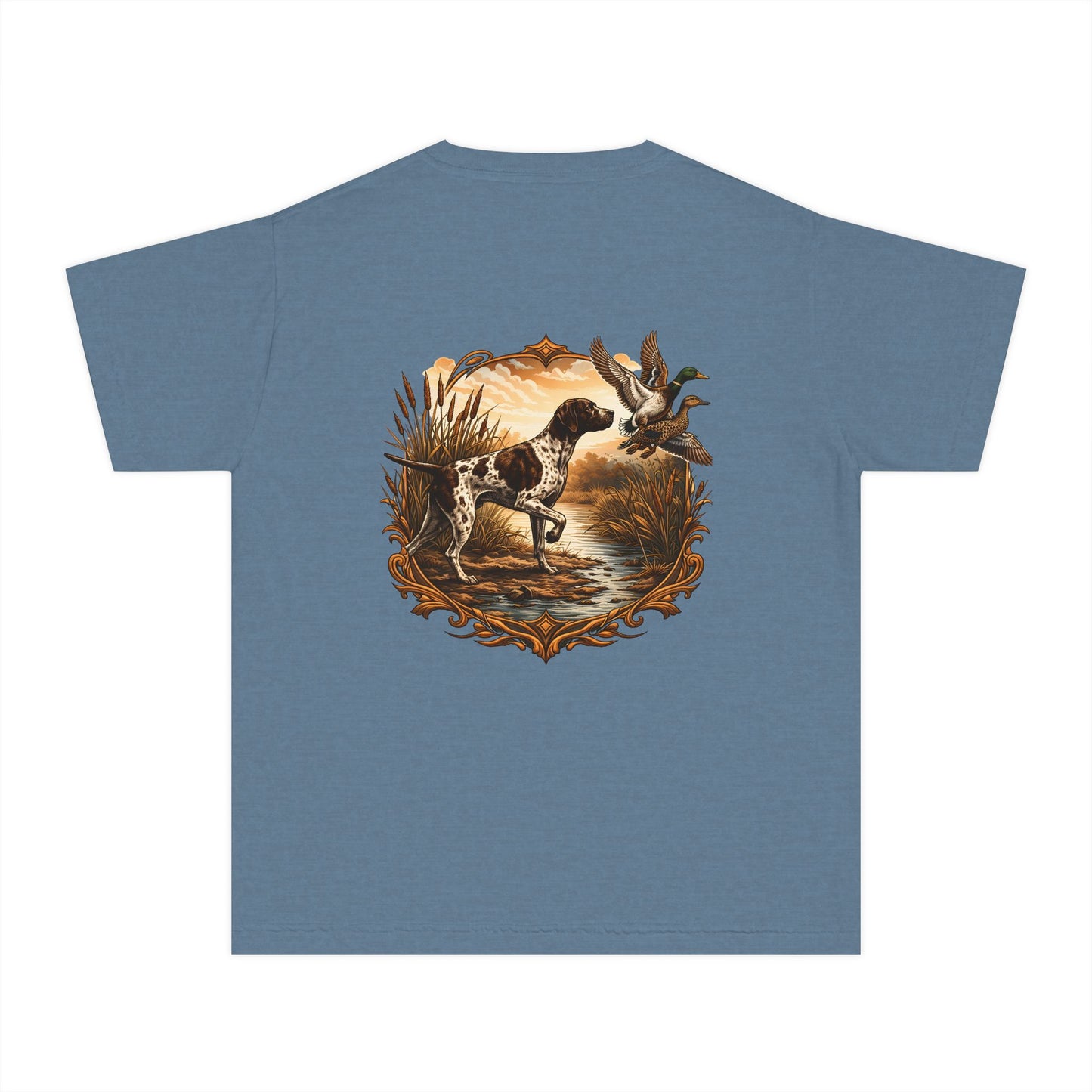 Youth Comfort Colors Vintage Duck Hunting Scene with Pointing Spaniel