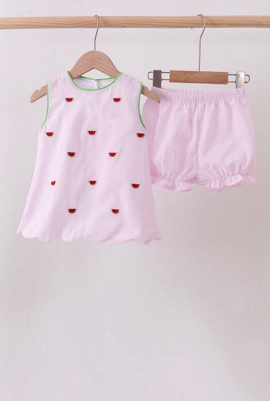Pink stripe watermelon embroidery seersucker set