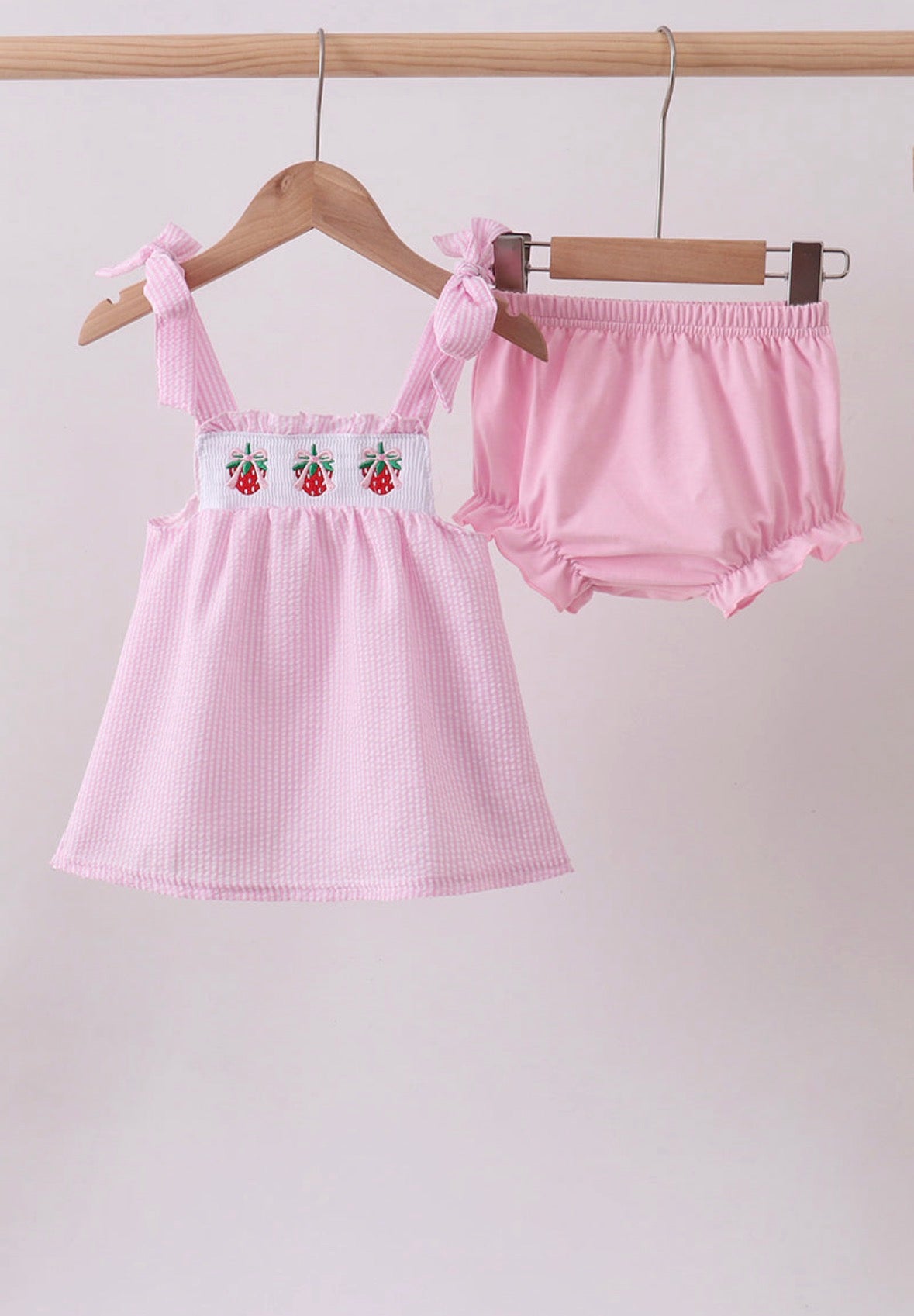 Pink stripe seersucker strawberry smocked bloomer set